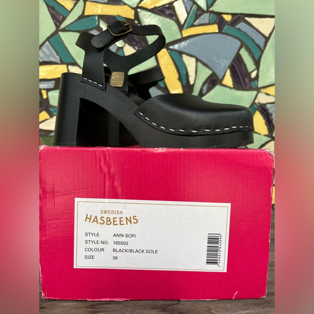 swedish hasbeens ann-sofi black leather wood platform clogs 36 new